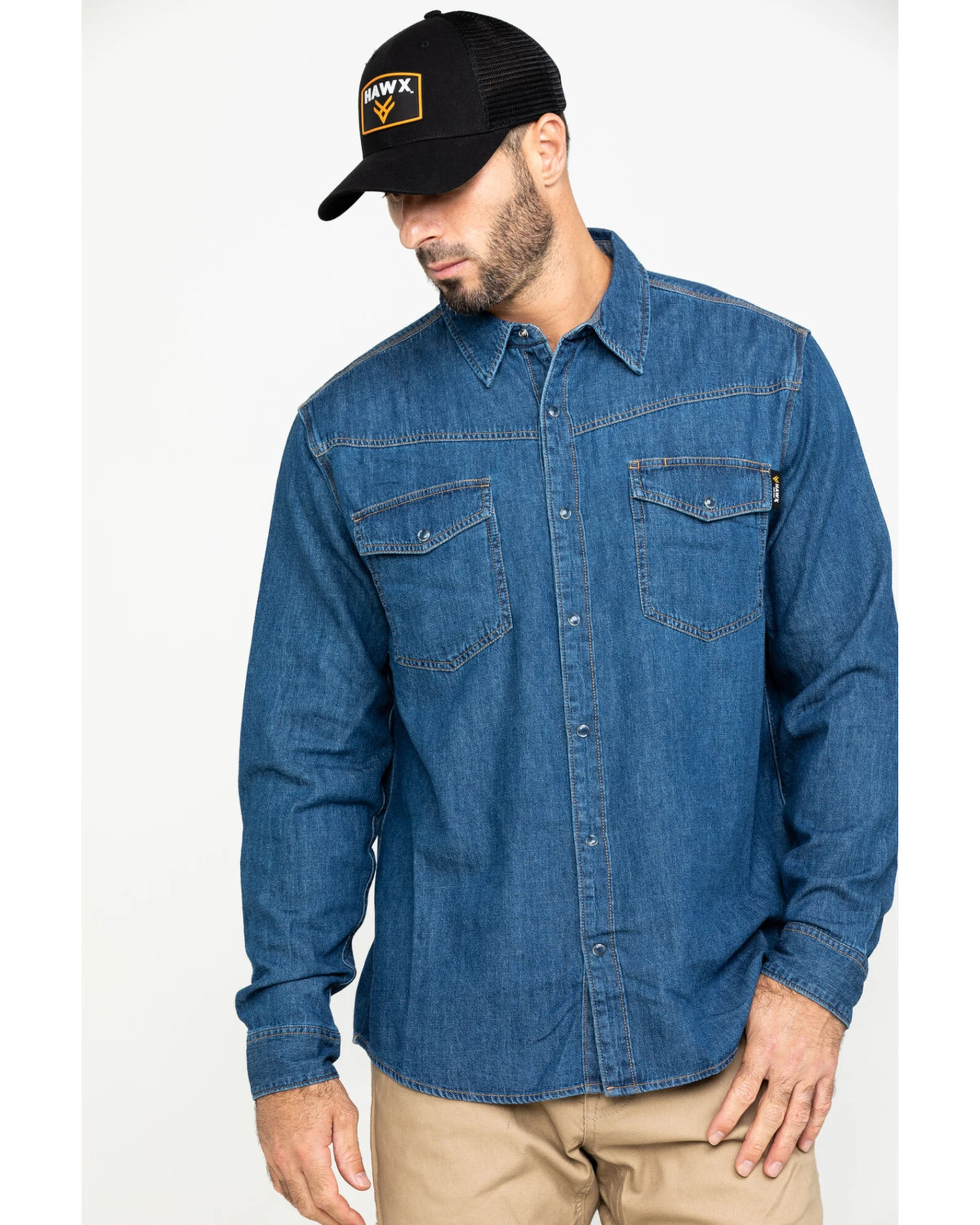 Hawx Men's Stonewashed Denim Snap Long Sleeve Work Shirt